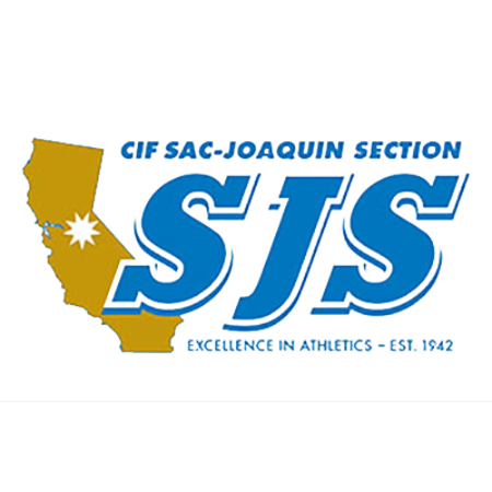 cif sac-joaquin section logo, california outline and SJS font, excellence in athletics- est. 1942